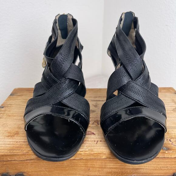 Michael Kors Black Patent Elastic Strap Heels 6.5M MK Logo Cone Heel Sandals - Picture 2 of 9
